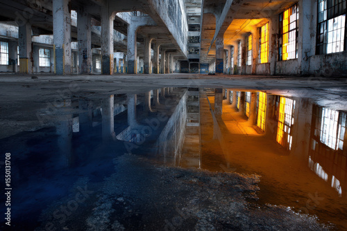 deserted factory at night illuminated by ultrabright neon accents