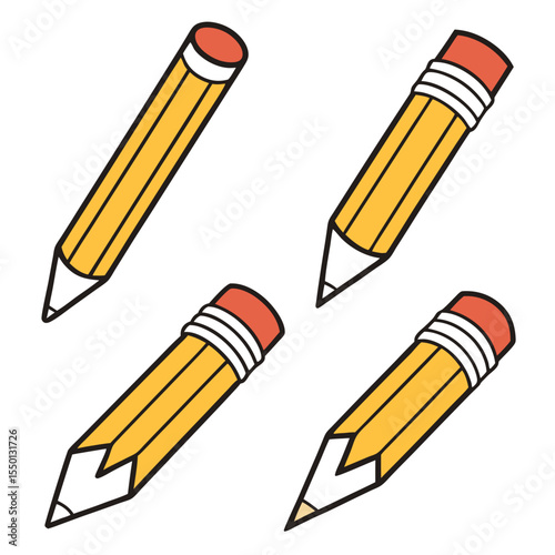 Four yellow pencils with erasers are arranged symmetrically against a transparent backdrop
