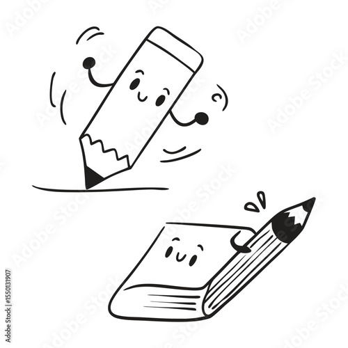 Happy pencil character is actively writing something on the ground near a smiling book