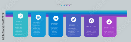 Horizontal progress bar featuring 6 arrow-shaped elements, symbolizing the six stages of business strategy and progression. Clean timeline infographic design template. Vector for presentation