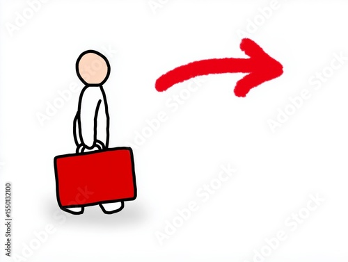 Simple illustration of a stick figure walking with a red briefcase, moving towards the right, symbolizing business travel and professional journey with copy space