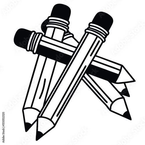 Three black and white pencils are overlapping against a transparent background perfectly