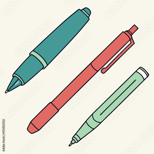 Teal, red and green pens are featured on a cream background cleanly