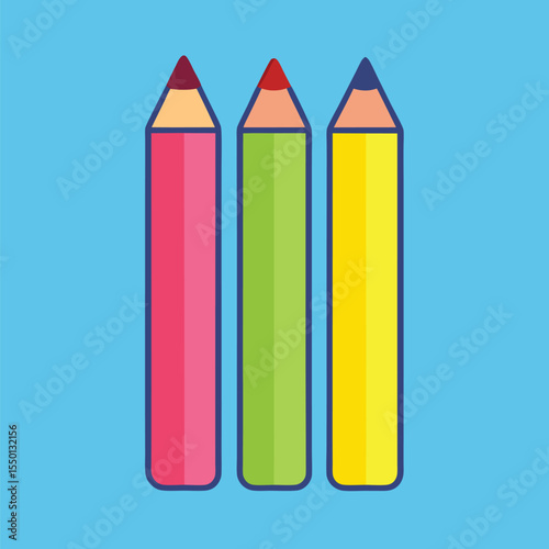 Three colorful cartoon pencils stand vertically on a light blue background, isolated and simple
