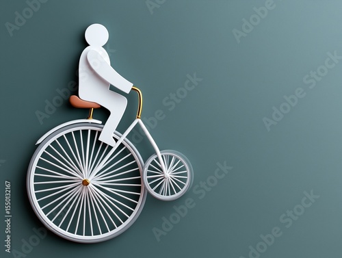 Paper cutout illustration of a person riding a bicycle, showcasing a minimalist design with a focus on the circular wheel and smooth lines, representing freedom and movement