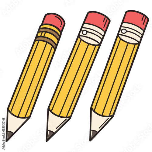 Three cartoon yellow pencils each having eraser are displayed on a transparent background
