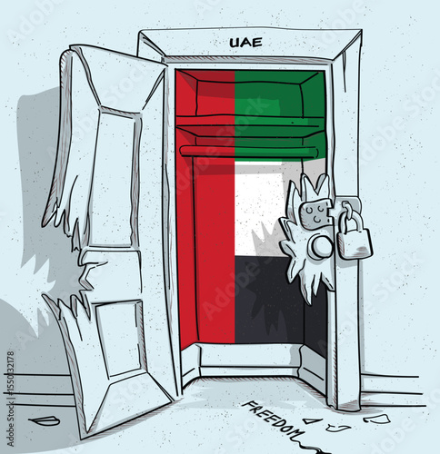 UAE's path to freedom. A political illustration of a broken but locked door with the national flag. A metaphor for struggle and hope.