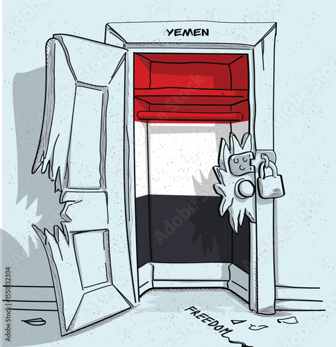 Yemen's path to freedom. A political illustration of a broken but locked door with the national flag. A metaphor for struggle and hope.