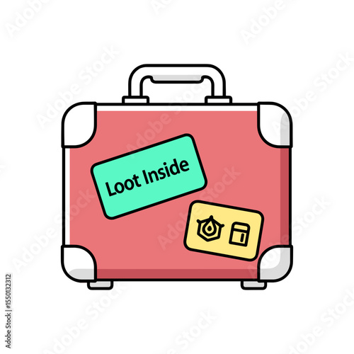 Red suitcase with "Loot Inside" stickers representing Gamer Identity and Comic Con - Gaming Culture Icons  