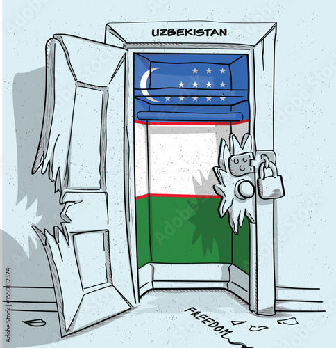 Uzbekistan's path to freedom. A political illustration of a broken but locked door with the national flag. A metaphor for struggle and hope.