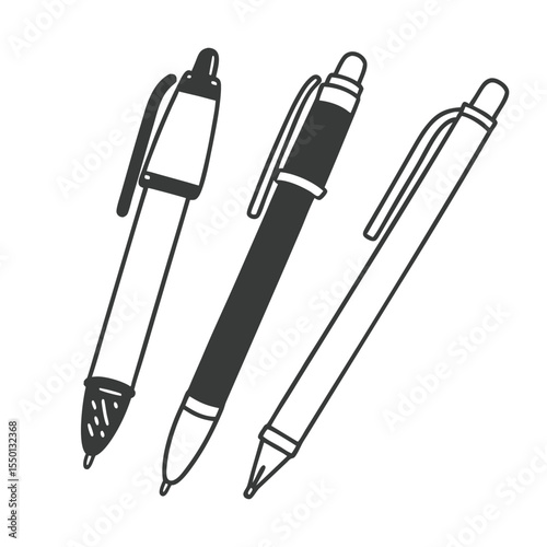 Three monochrome pens, each different in style, are displayed against a transparent backdrop