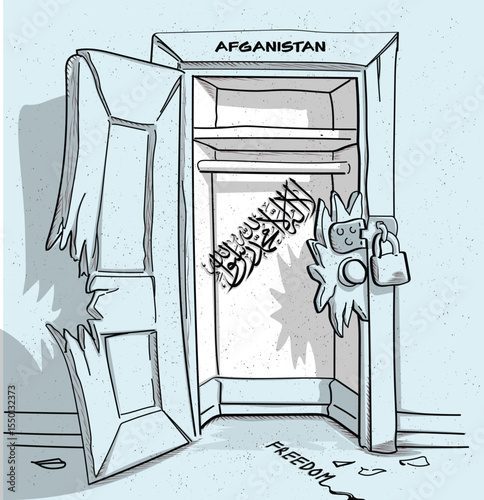 Afghanistan's path to freedom. A political illustration of a broken but locked door with the national flag. A metaphor for struggle and hope.
