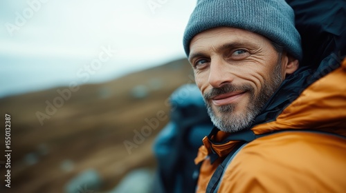 A joyful man wearing a backpack and a warm beanie smiles as he stands in a beautiful outdoor setting, reflecting the joy of adventure and connection with nature.