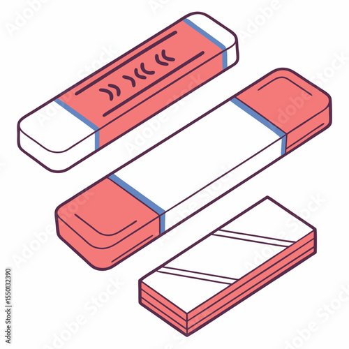 Three rectangular erasers present an isometric view with clean lines and light shadows