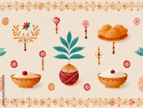 Colorful flat illustration featuring traditional festive elements like decorative bowls, sweets, and floral motifs, creating a vibrant atmosphere for celebration and cultural events