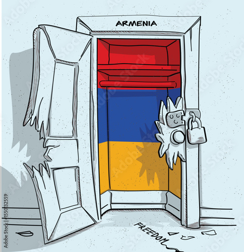 Armenia's path to freedom. A political illustration of a broken but locked door with the national flag. A metaphor for struggle and hope.