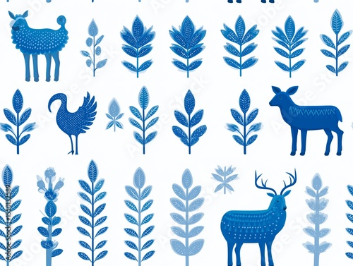 Blue illustration featuring various stylized animals and plants, including deer, birds, and foliage, arranged in a repeating pattern for decorative use in design projects