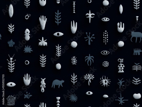 Abstract illustration featuring a variety of hand-drawn symbols and shapes in white against a dark background, showcasing creativity and artistic expression in design