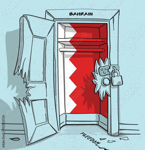 Bahrain's path to freedom. A political illustration of a broken but locked door with the national flag. A metaphor for struggle and hope.