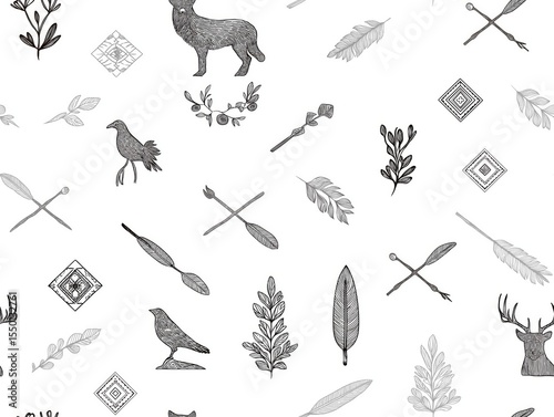 Black and white illustration featuring various nature elements including animals, leaves, and geometric shapes, creating a harmonious and artistic pattern for design projects