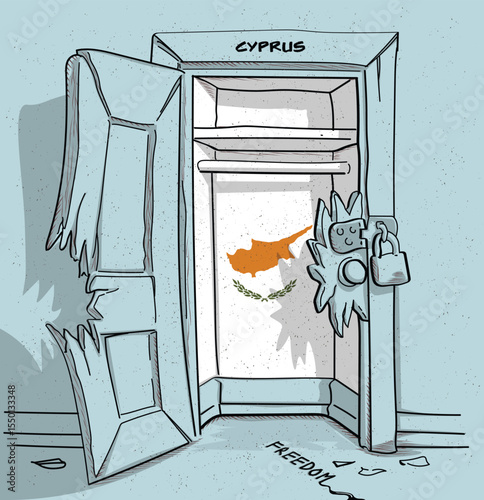 Cyprus's path to freedom. A political illustration of a broken but locked door with the national flag. A metaphor for struggle and hope.