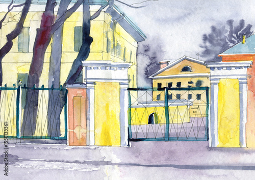 Saint Petersburg Russia watercolor hand drawn illustration. Watercolor sketch of old street landscape.
