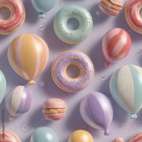 pattern in shades of pink and lilac with donuts and yellow balloons