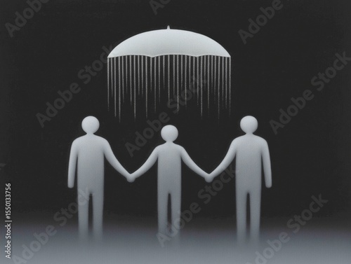 Three abstract figures holding hands under an umbrella, symbolizing unity and support, with rain falling, creating a serene and contemplative atmosphere of togetherness