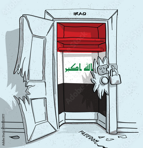 Iraq's path to freedom. A political illustration of a broken but locked door with the national flag. A metaphor for struggle and hope.