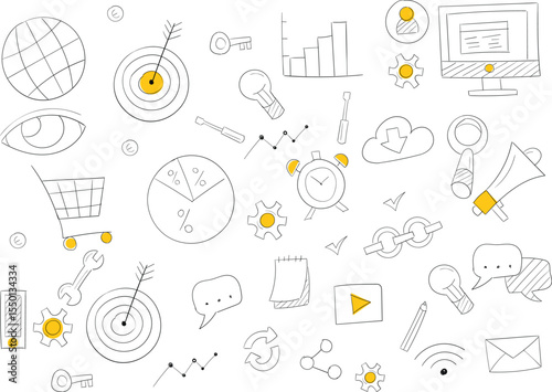 Hand-Drawn SEO and Digital Marketing Doodle Icon Pattern – Flat Vector Illustration Featuring Search, Analytics, Optimization, and Online Strategy Symbols