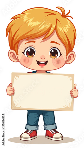Happy child holding rights sign and smiling with blank poster  
