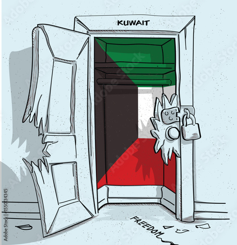 Kuwait's path to freedom. A political illustration of a broken but locked door with the national flag. A metaphor for struggle and hope.