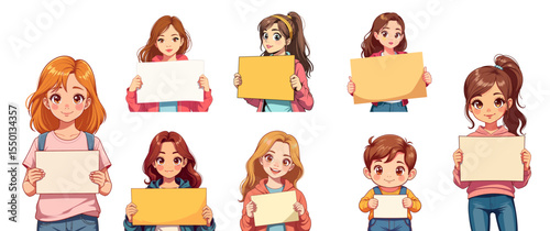 Set of group of diverse teenage girls holding blank protest signs for demonstration  