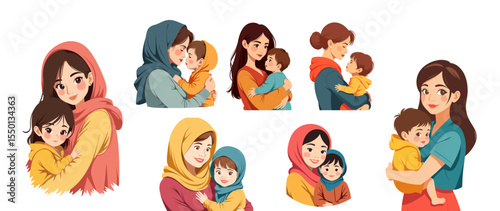 Diverse mothers with children embracing, representing Set of international human rights day  