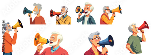 Set of senior man with megaphone speaking in various poses and expressions  