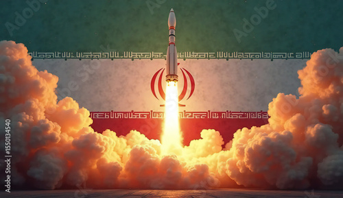 Iran Rocket Launch with National Flag - Military Strength and Geopolitical Tension Concept
