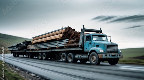 Truck transporting lumber and metal beams on a rainy road through a mountainous landscape in the early evening