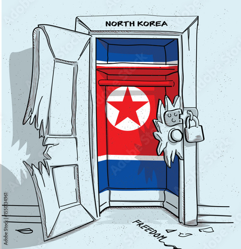 North Korea's path to freedom. A political illustration of a broken but locked door with the national flag. A metaphor for struggle and hope.