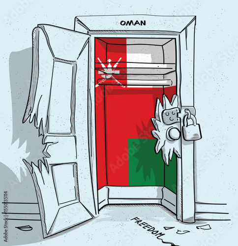 Oman's path to freedom. A political illustration of a broken but locked door with the national flag. A metaphor for struggle and hope.