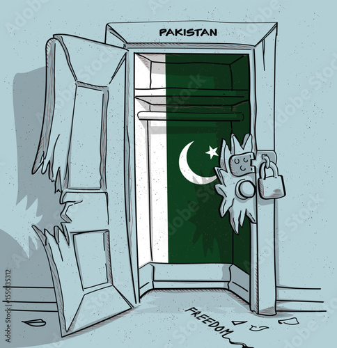 Pakistan's path to freedom. A political illustration of a broken but locked door with the national flag. A metaphor for struggle and hope.