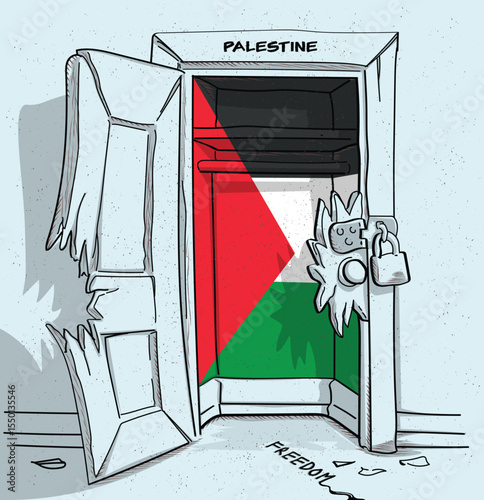 Palestine's path to freedom. A political illustration of a broken but locked door with the national flag. A metaphor for struggle and hope.