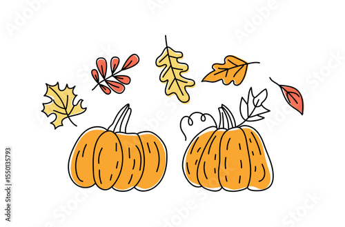 Autumn set, agriculture, vegetables, pumpkin, autumn leaves. Halloween, Thanksgiving, harvest. Leaf fall. Illustration, drawing, doodle. Background isolated.