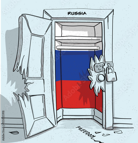 Russia's path to freedom. A political illustration of a broken but locked door with the national flag. A metaphor for struggle and hope.