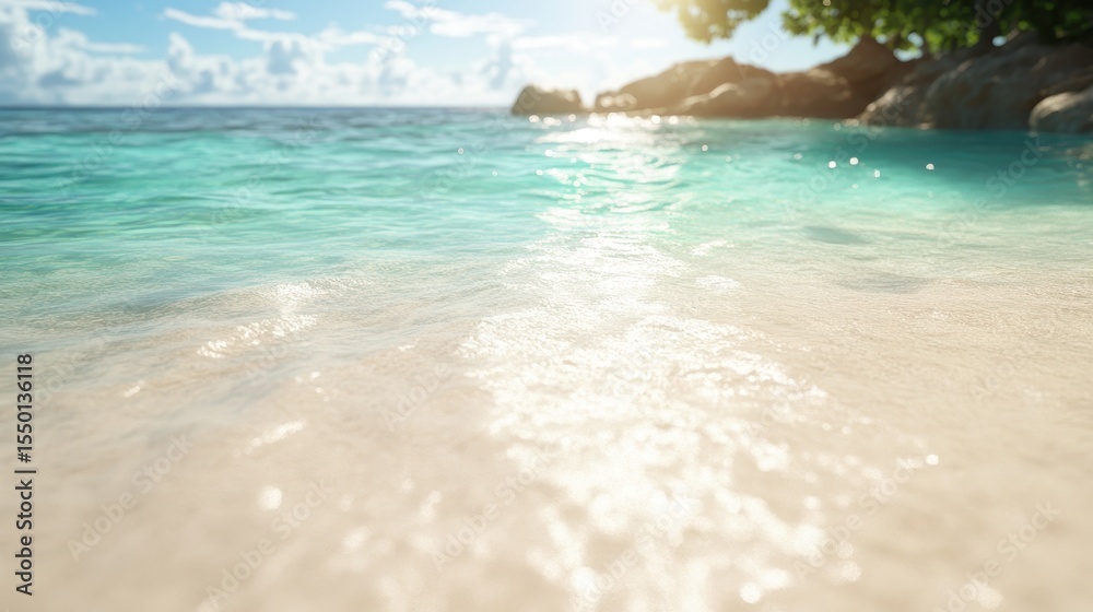 Fototapeta premium A tranquil seaside scene featuring transparent waters reflecting sunlight, perfect for evoking a sense of relaxation and escape in a tropical paradise setting.
