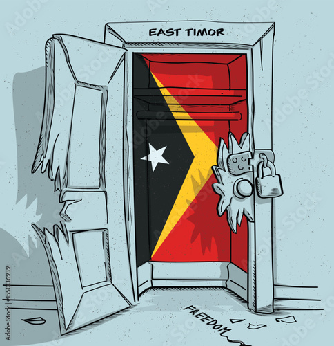 Timor-Leste's path to freedom. A political illustration of a broken but locked door with the national flag. A metaphor for struggle and hope.