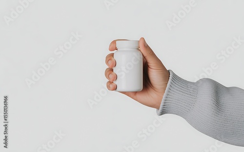 Hand holding a white pill bottle against a light grey background
