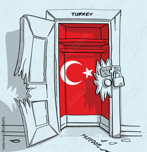 Turkey's path to freedom. A political illustration of a broken but locked door with the national flag. A metaphor for struggle and hope.