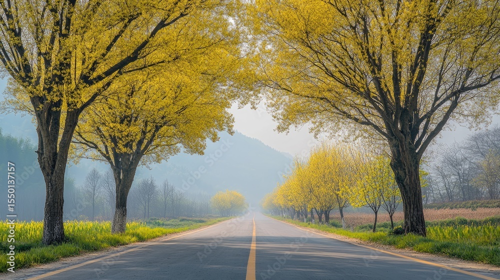 Fototapeta premium A serene country road lined with vibrant yellow trees