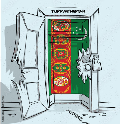Turkmenistan's path to freedom. A political illustration of a broken but locked door with the national flag. A metaphor for struggle and hope.
