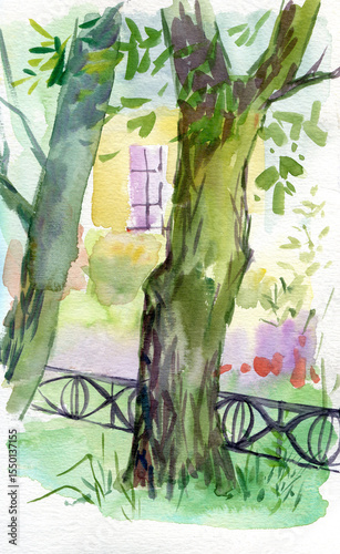 Watercolor sketch city park landscape of Saint Petersburg, Russia, in sketch style for using for postcard or illustration